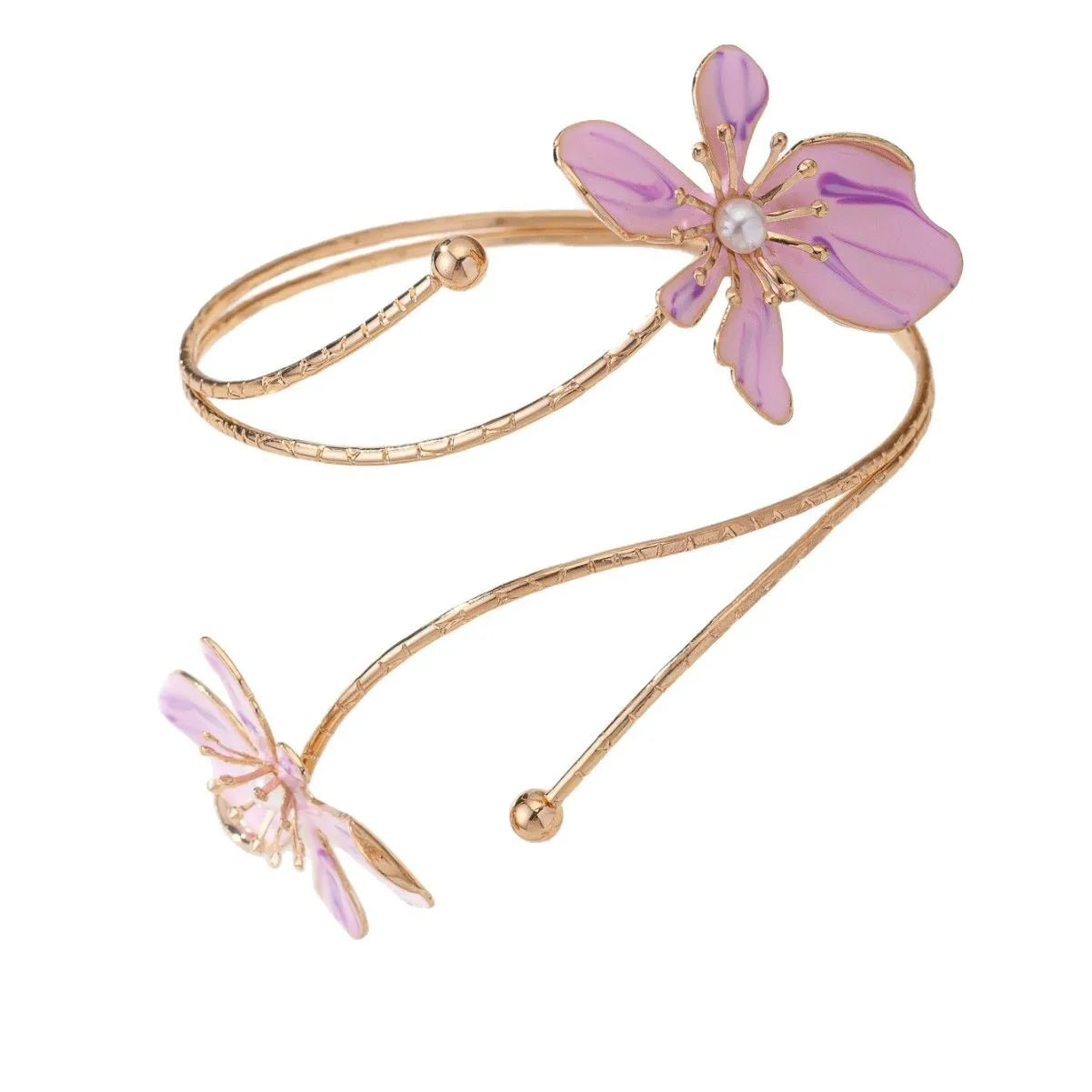 Close-up of a pink adjustable alloy armband with an intricate hollow pattern design, showing the 0.8cm gap.