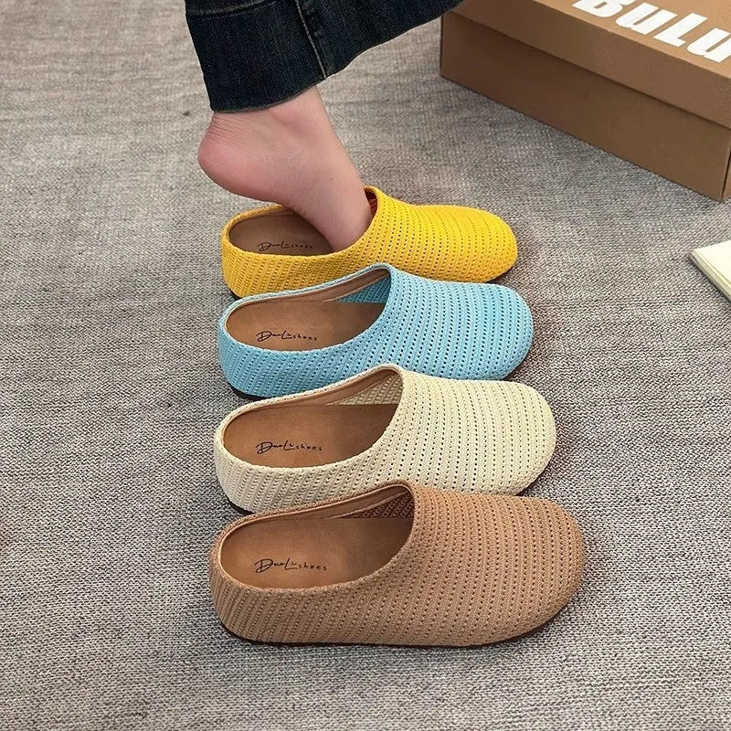 Women's beige cloth boken slippers with non-slip rubber sole, shown in size 38.