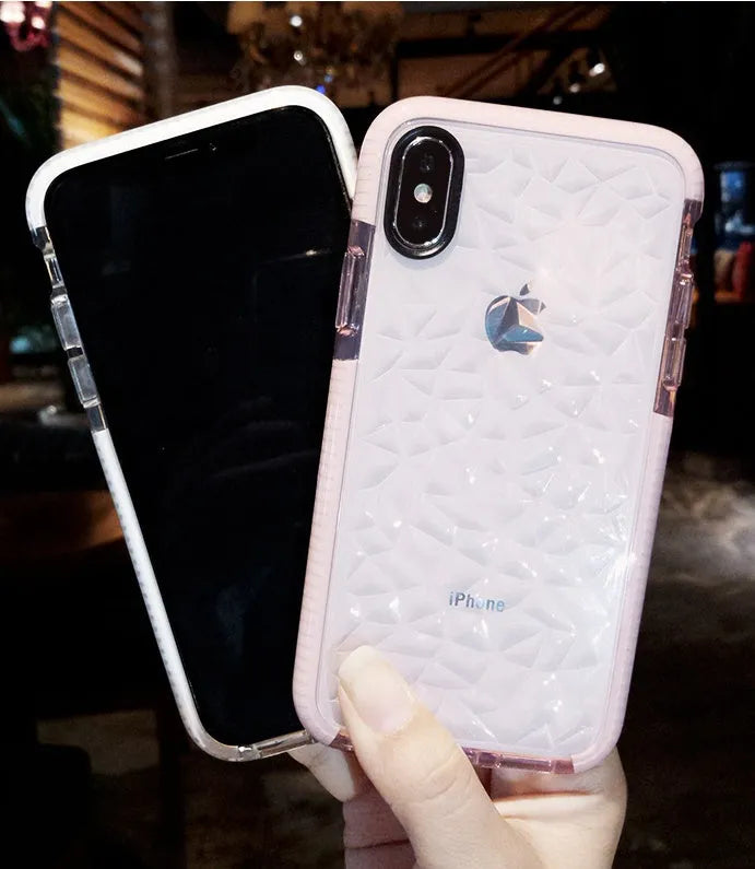 Pink and white striped TPU back cover case for iPhone, shown alongside black and white colour options.