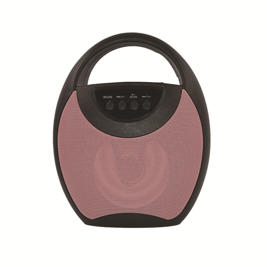 Portable Bluetooth speaker in black plastic casing with USB port and control buttons