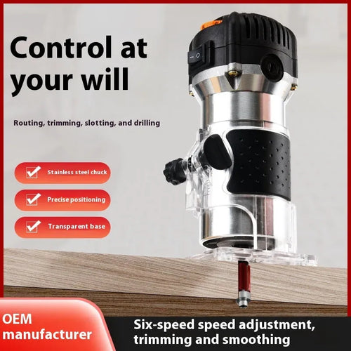 6-speed aluminium body electric woodworking trimmer router with 15 milling cutters and straight knife
