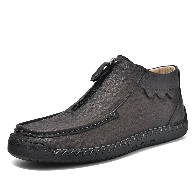 Men's black slip-on loafers with rubber soles and round toe design