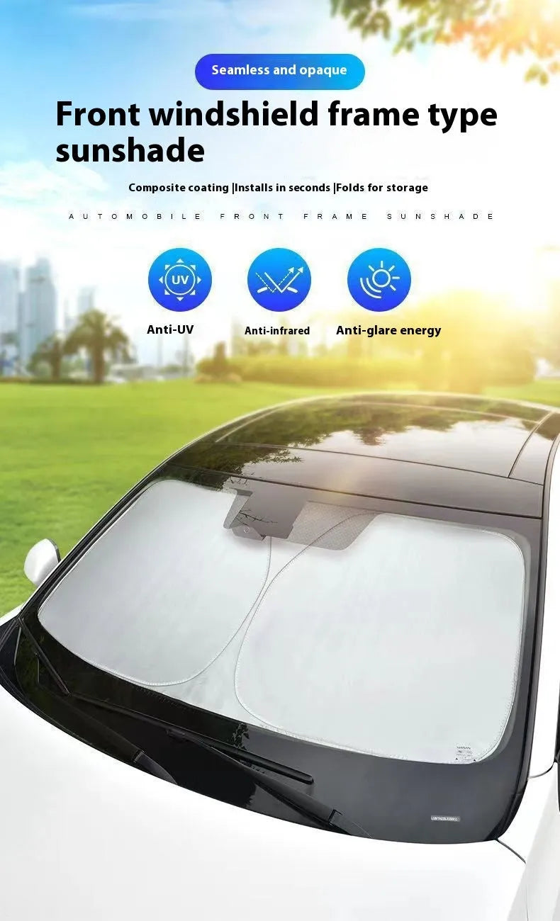 Aluminium foil car windscreen sunshade folded, showing reflective titanium silver surface and size options.