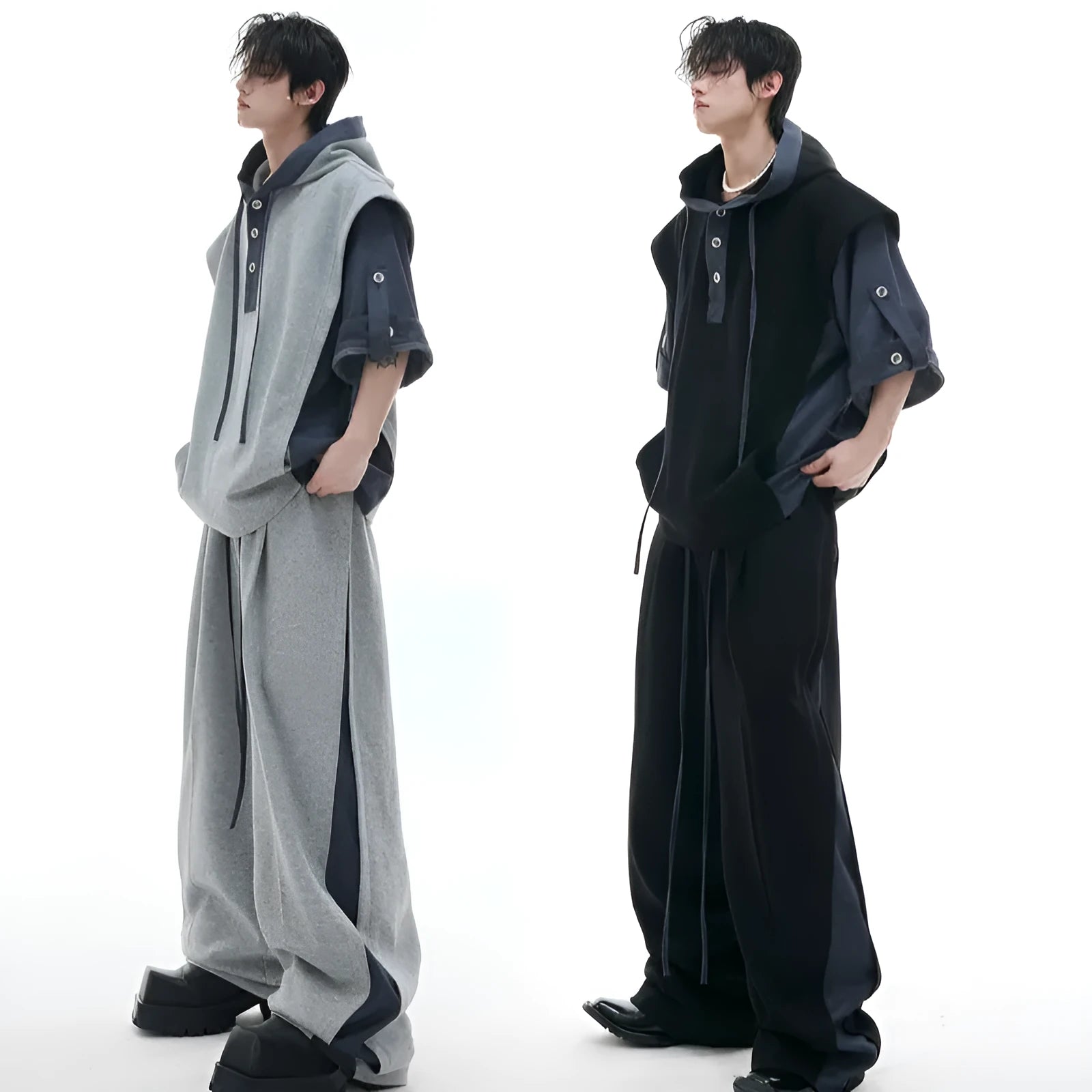 Men's black hooded short sleeve jacket and trousers leisure suit with three-dimensional stitching