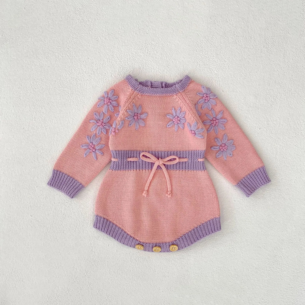 Handmade embroidery long sleeve baby girl jumpsuit in Good Pink cotton, triangle pullover style