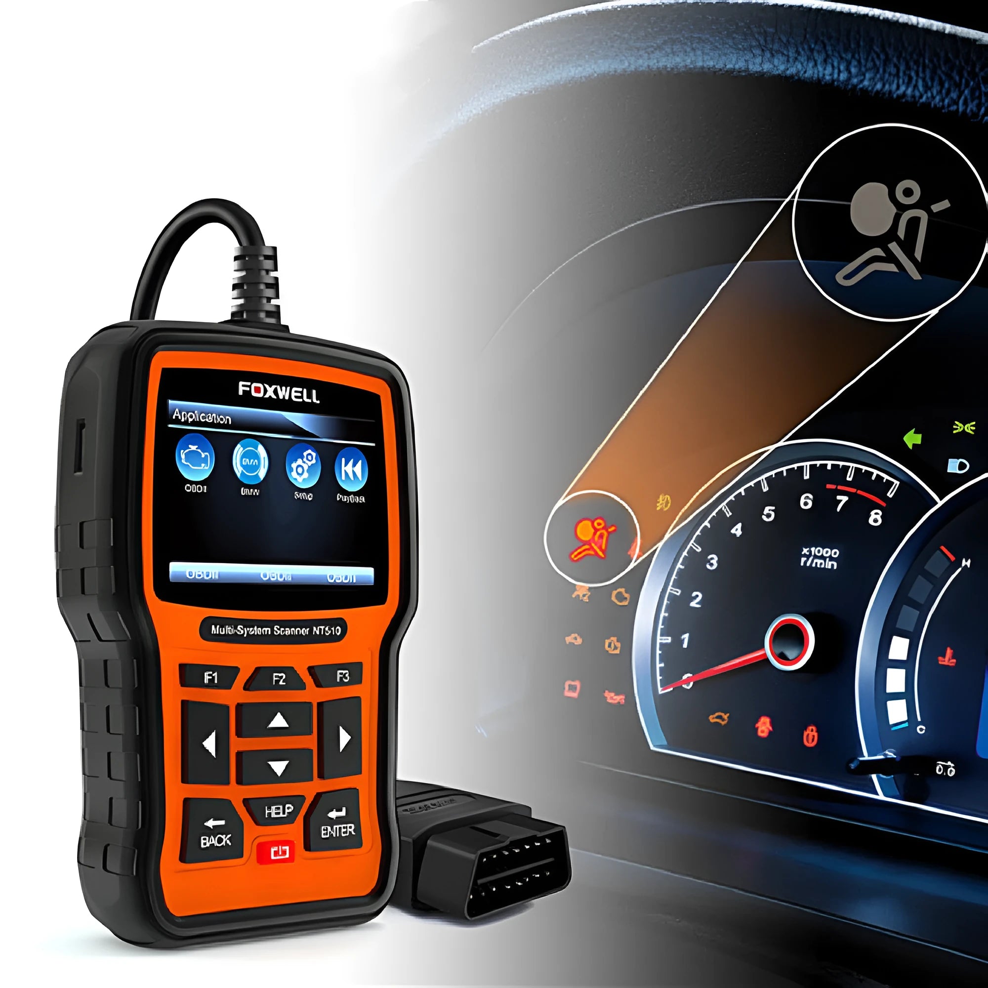 Foxwell NT510 orange and black automotive OBD2 diagnostic scanner with data cable.