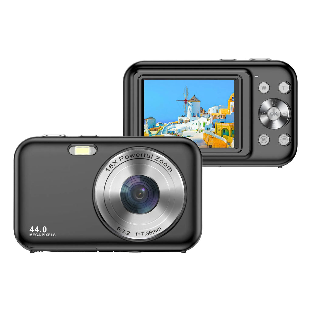 Colourful children's digital camera with 2.4-inch screen showing 44MP and 1080p video capabilities.