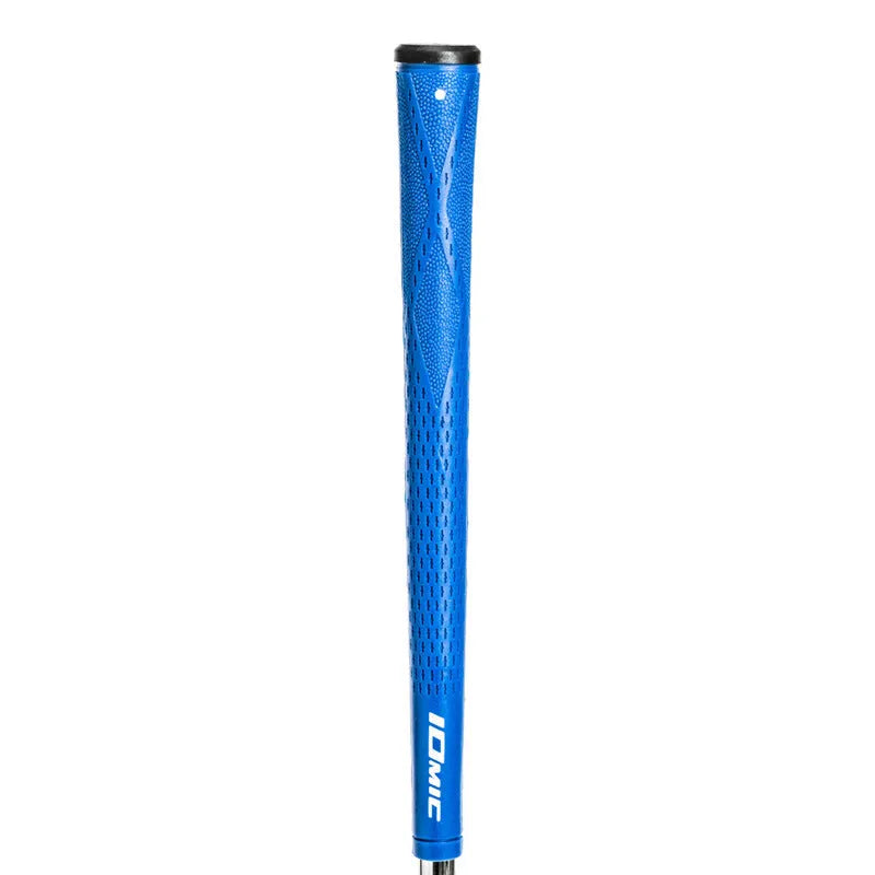 TPE golf club grip in assorted colours including pink, red, and black with blue head on a club shaft.