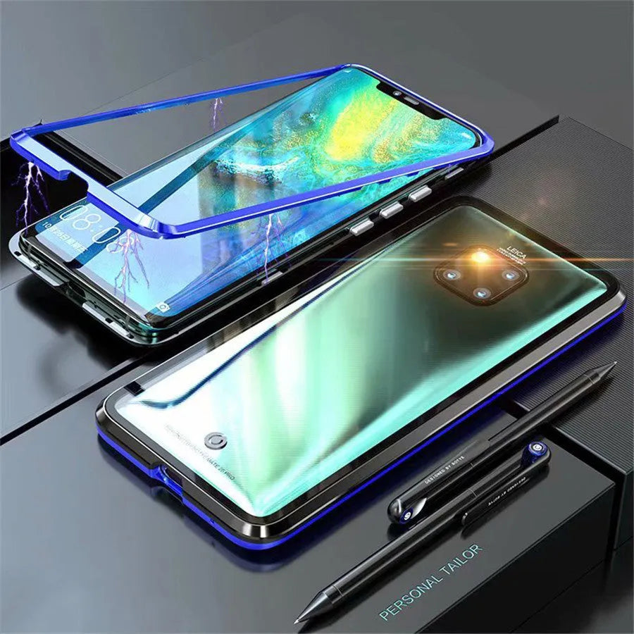 Magnetic metal phone case with tempered glass back for Huawei smartphones showing magnetic attachment points