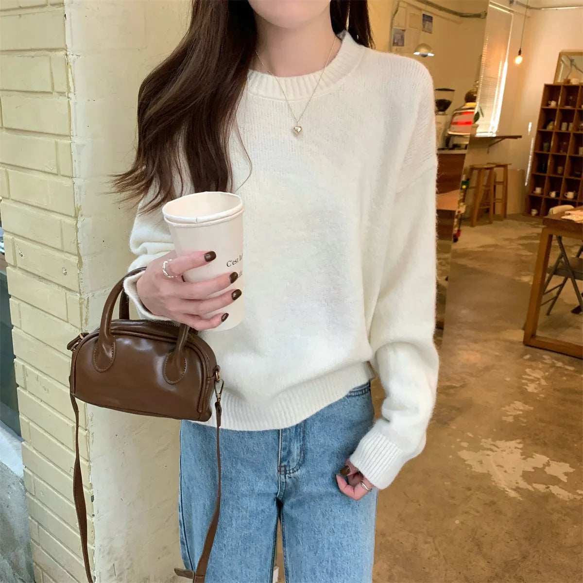 Korean style soft glutinous loose drop-shoulder sleeve sweater in candy colour, solid pattern with wavy elements, acrylic fibre