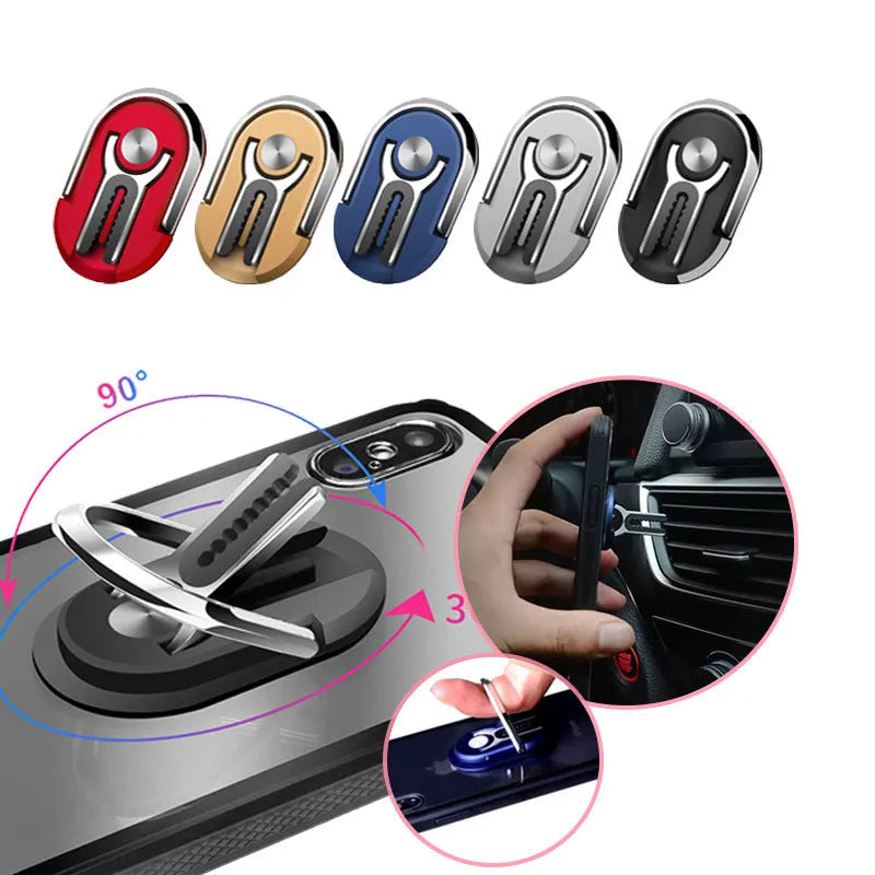 Universal black car phone ring bracket mounted on a car dashboard holding a mobile phone.