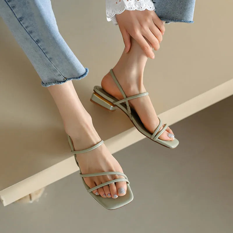 Women's flat strap open-toe Roman sandals in microfiber with a square toe, shown in beige, green and white.