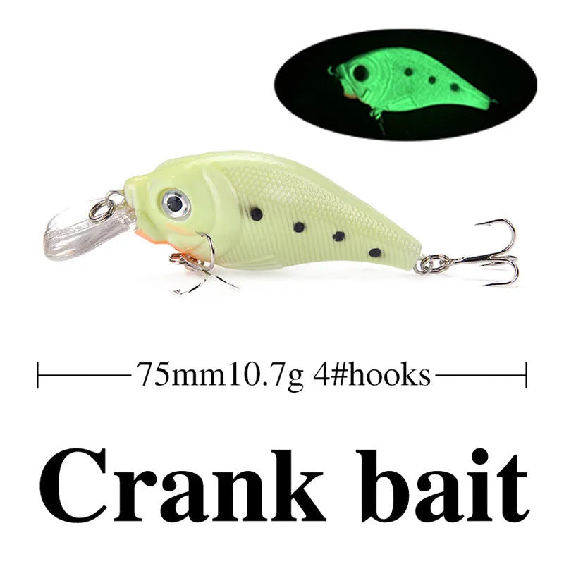 Set of five fluorescent green and orange 3D hard bait fishing lures on a blue background.