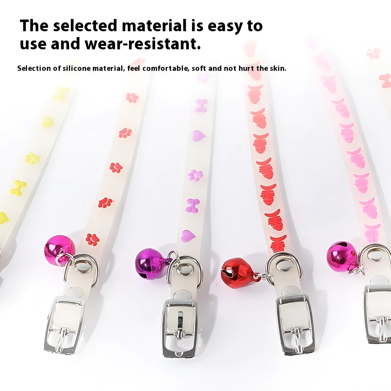 A luminous cat collar with an adjustable 29cm silicone rope and a metal bell, shown in one of four possible patterns.
