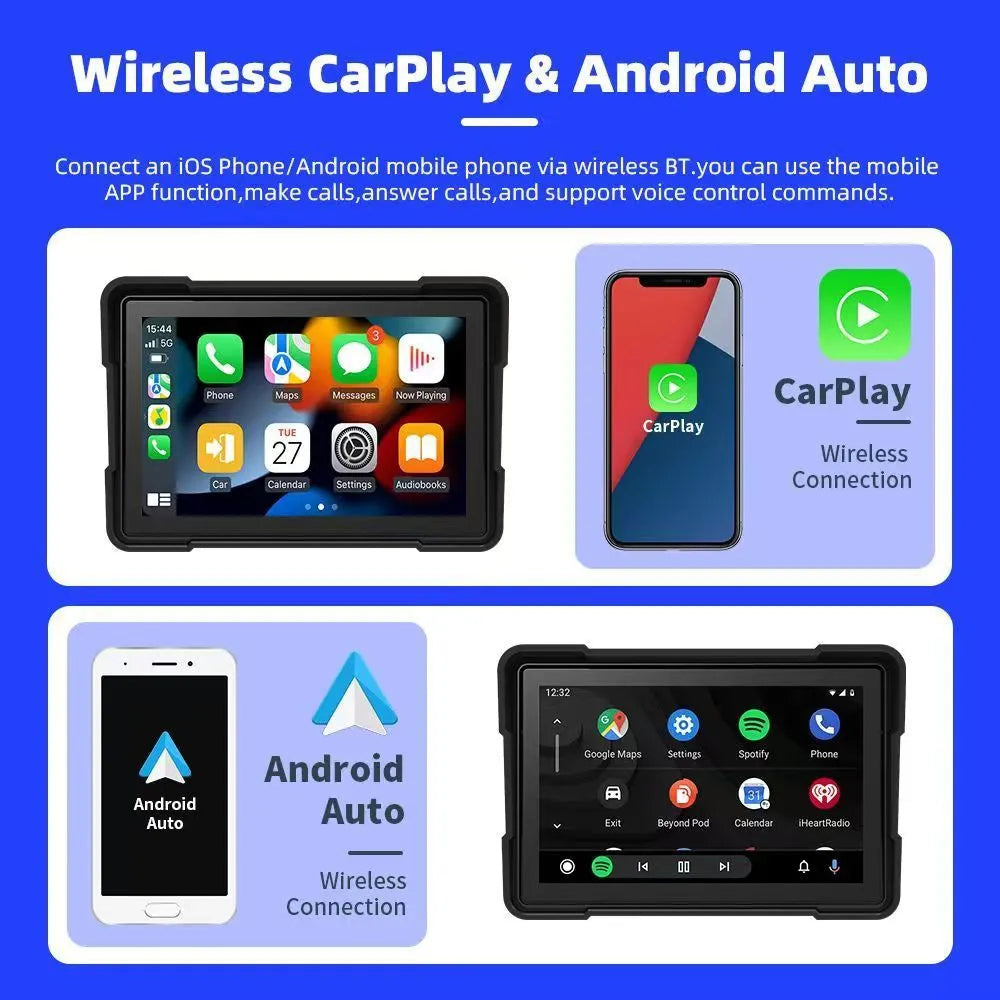 Portable motorcycle driving recorder with 5 inch separate navigation screen and dual lens option.