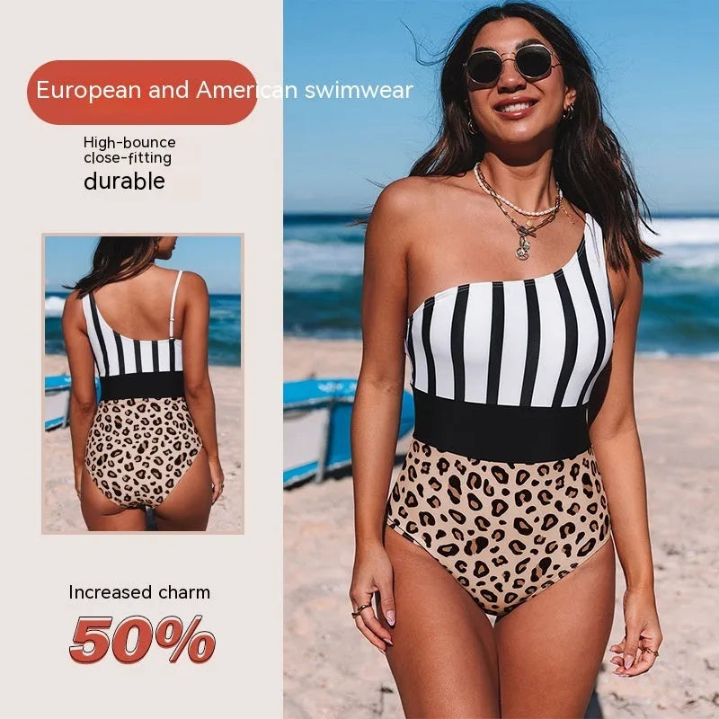 Women's leopard print one-piece swimsuit with asymmetric collar and high-waist triangle briefs.