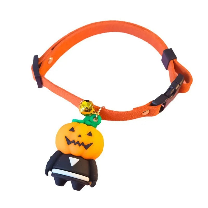 Halloween dog collar decoration in cartoon design, showing adjustable sizing on a model.