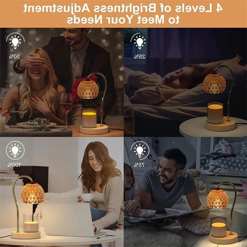 Creative fragrance lamp with bamboo wood holder, amber lily colour, timing and dimming controls, no flame design
