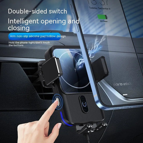 Black car wireless phone charger and holder with 15W fast charging, showing clip and suction cup mounting options.