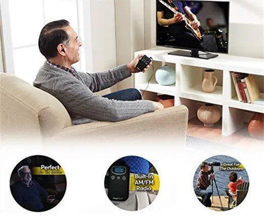 Silver personal voice enhancer hearing aid with digital display resembling handheld FM radio