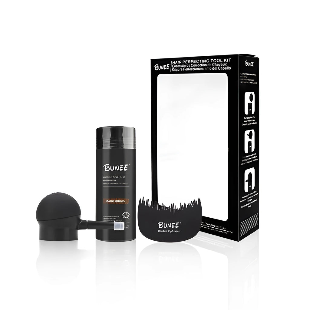 Boxed Dense Hair Fiber Powder Three-piece Set for thinning hair in ten colour shades.
