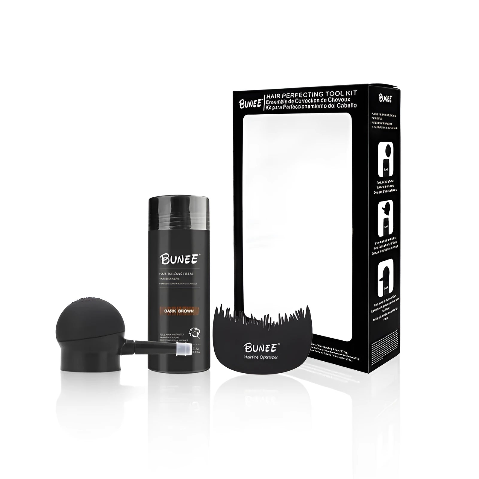 Boxed Dense Hair Fiber Powder Three-piece Set for thinning hair in ten colour shades.