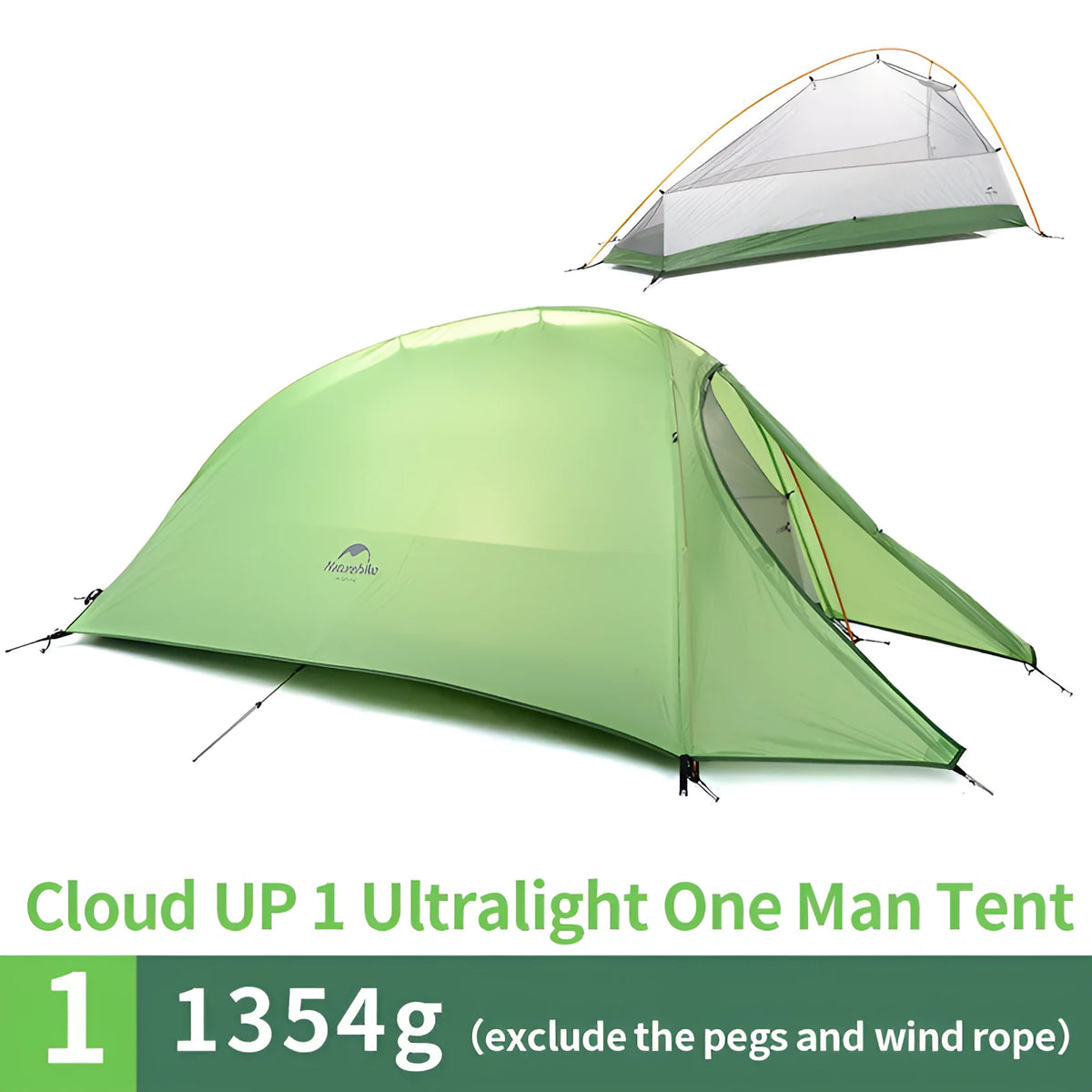 Ultralight single person rainproof outdoor climbing tent with 20D nylon silicone fly, 7001 aluminium pole, green or orange