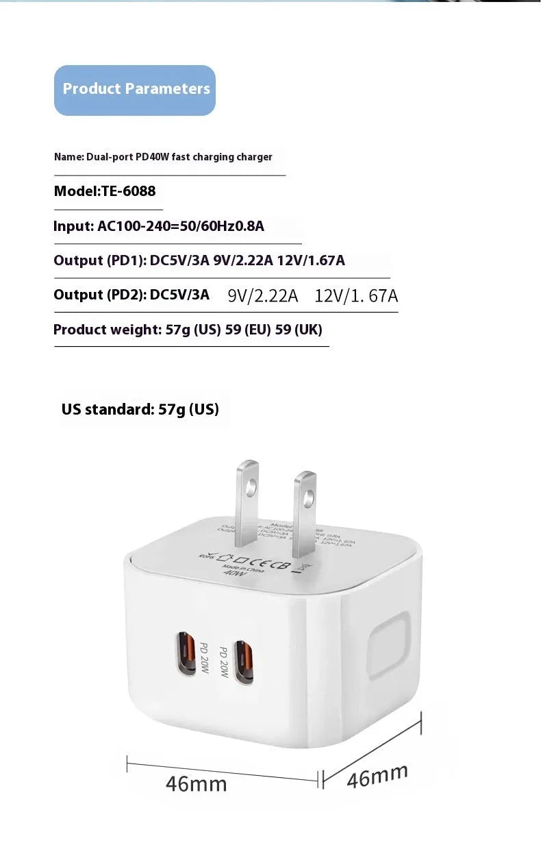 White PD40W USB-C fast charger head with Type-C interface, shown as a single mains wall plug.