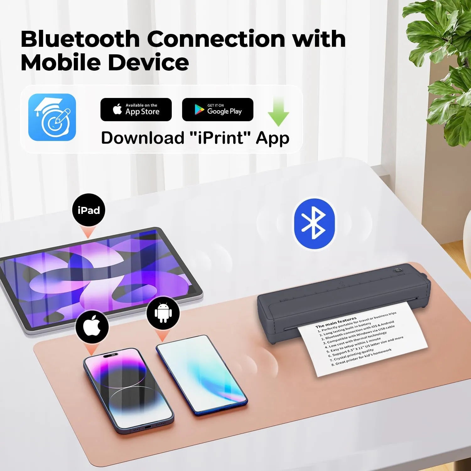 A4 Bluetooth wireless portable printer in black or white for mobile phone computer text printing