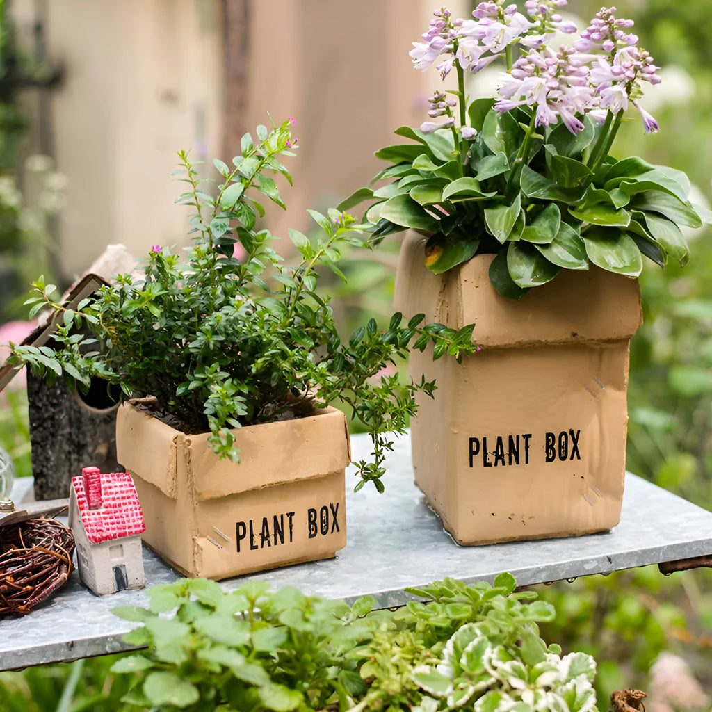Cement flower pot with brown paper box design showing perforated drainage base