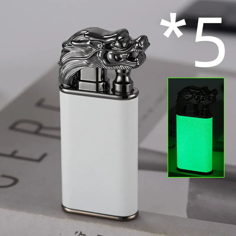 Creative blue flame lighter with windproof double fire and novelty dragon design, metal body