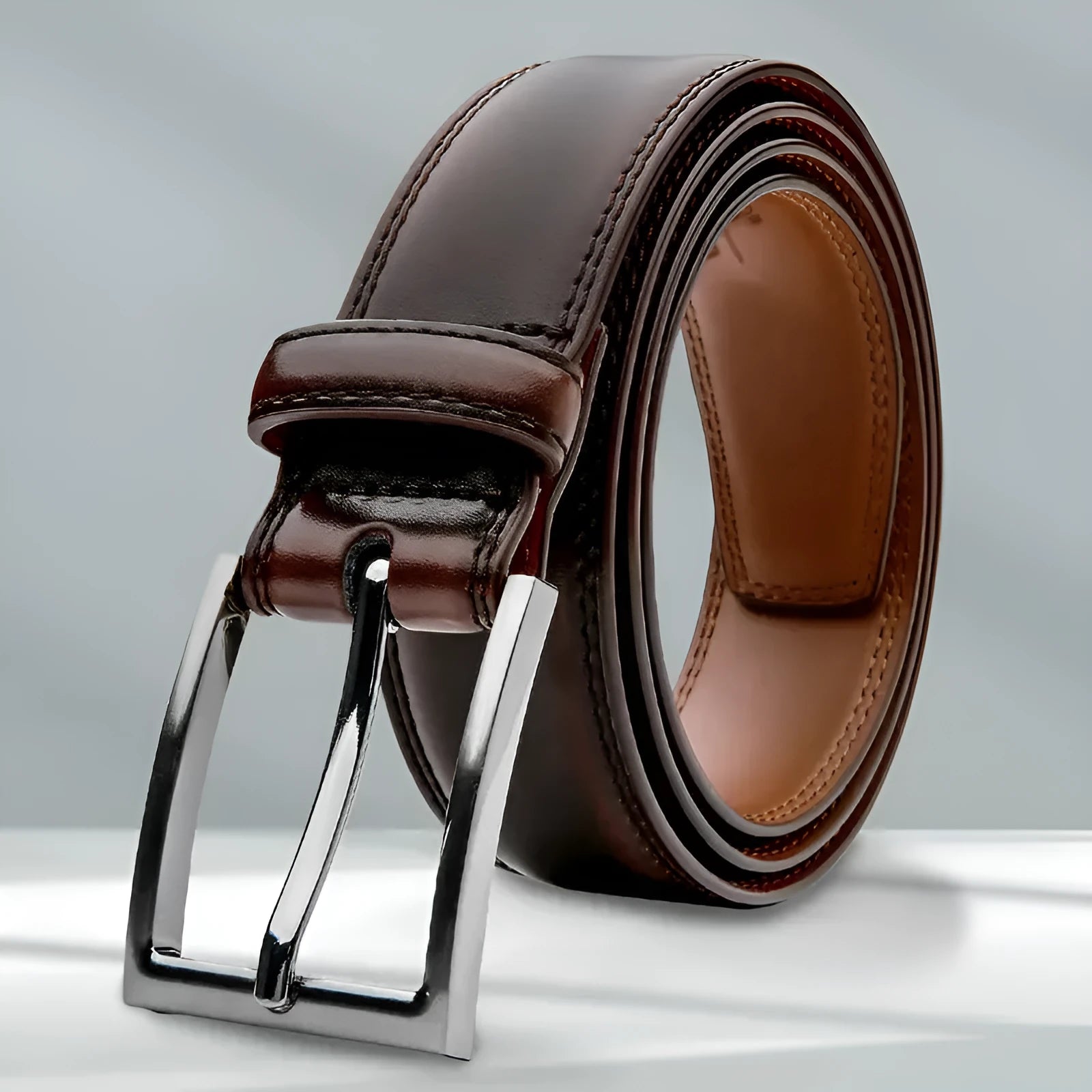 Men's brown genuine leather casual belt with an alloy buckle on a plain background