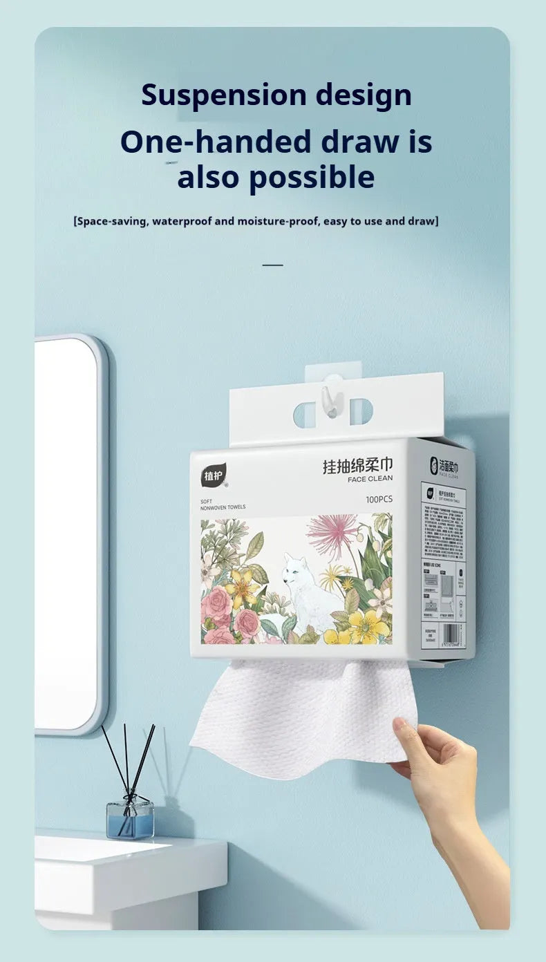 Disposable face cloth roll with hanging design, 100 sheets, viscose and polyester blend