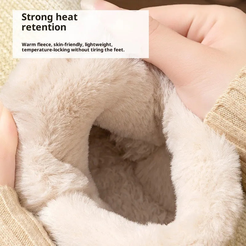 Women's ankle wrap cotton slippers in brown, plush upper, non-slip EVA sole, flat heel, round toe, indoor thermal shoes