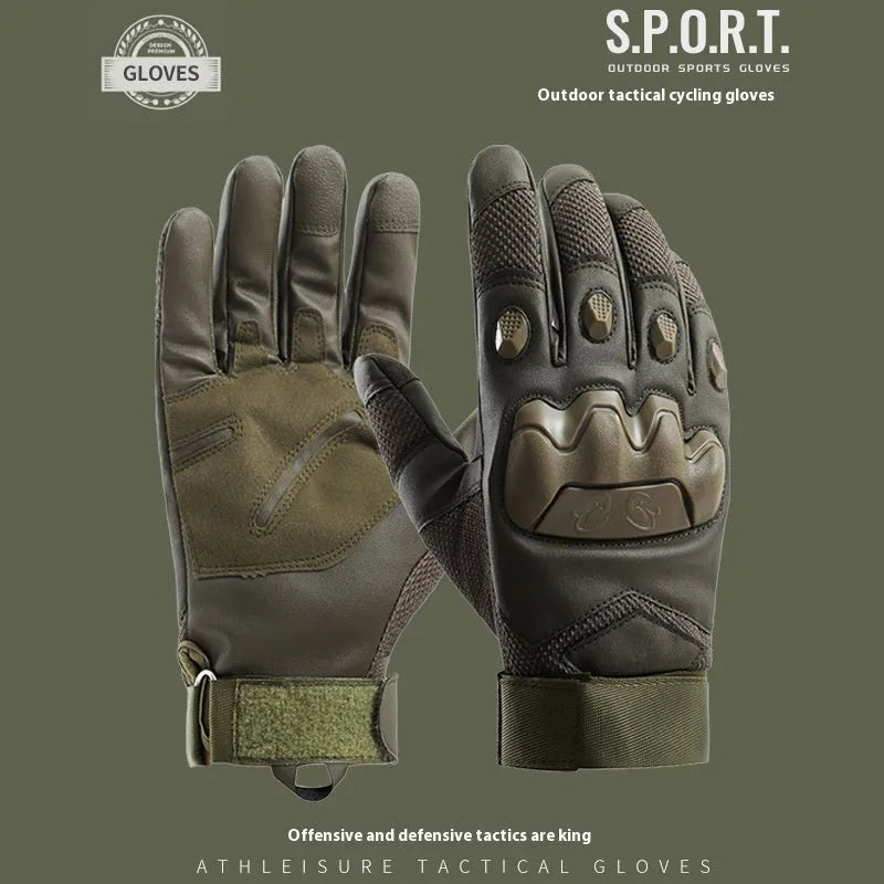 Men's black tactical full-finger gloves with touch screen capability on the fingertips.
