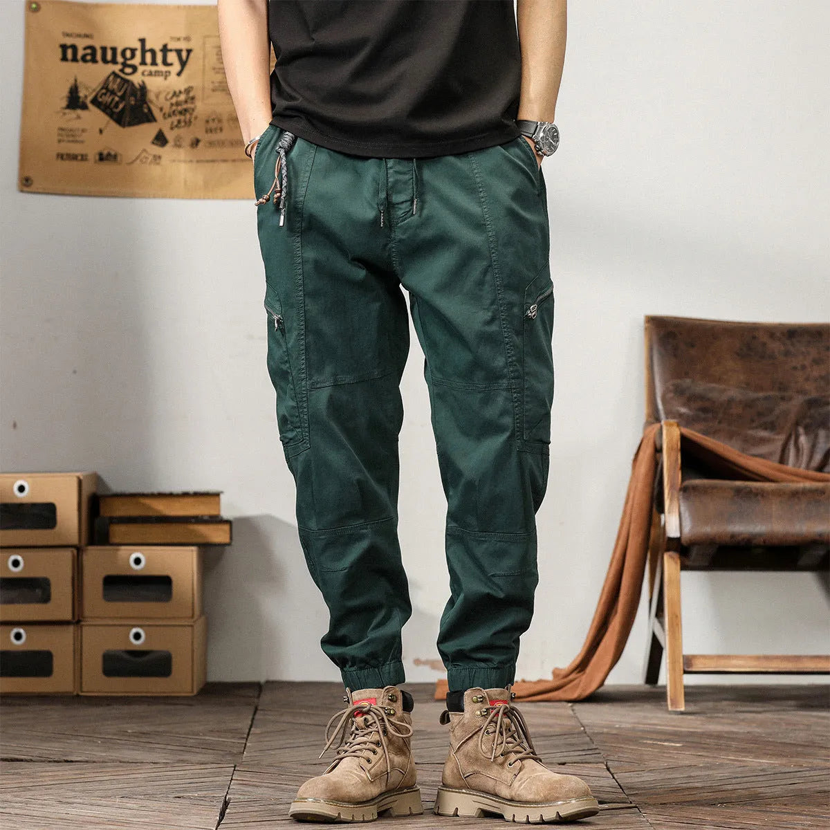 Men's khaki peacock green harem pants with tapered ankle bands and mid-waist design