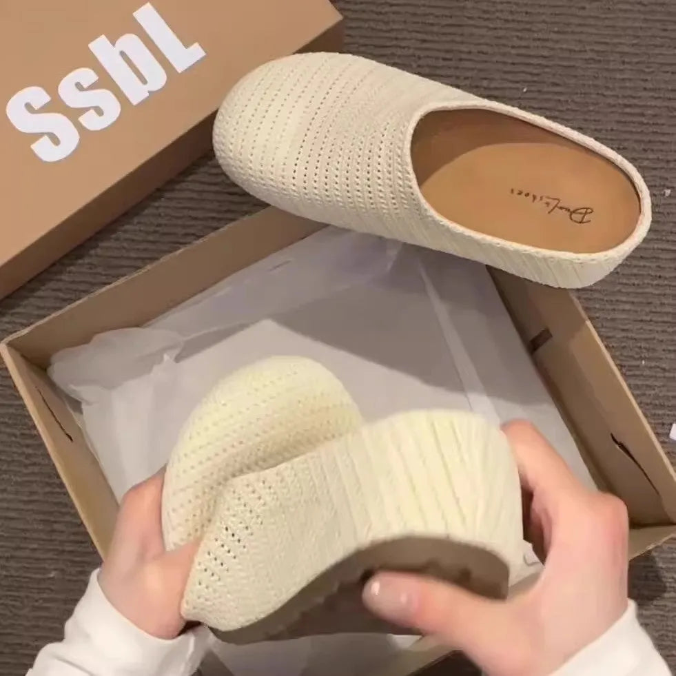 Women's beige cloth boken slippers with non-slip rubber sole, shown in size 38.