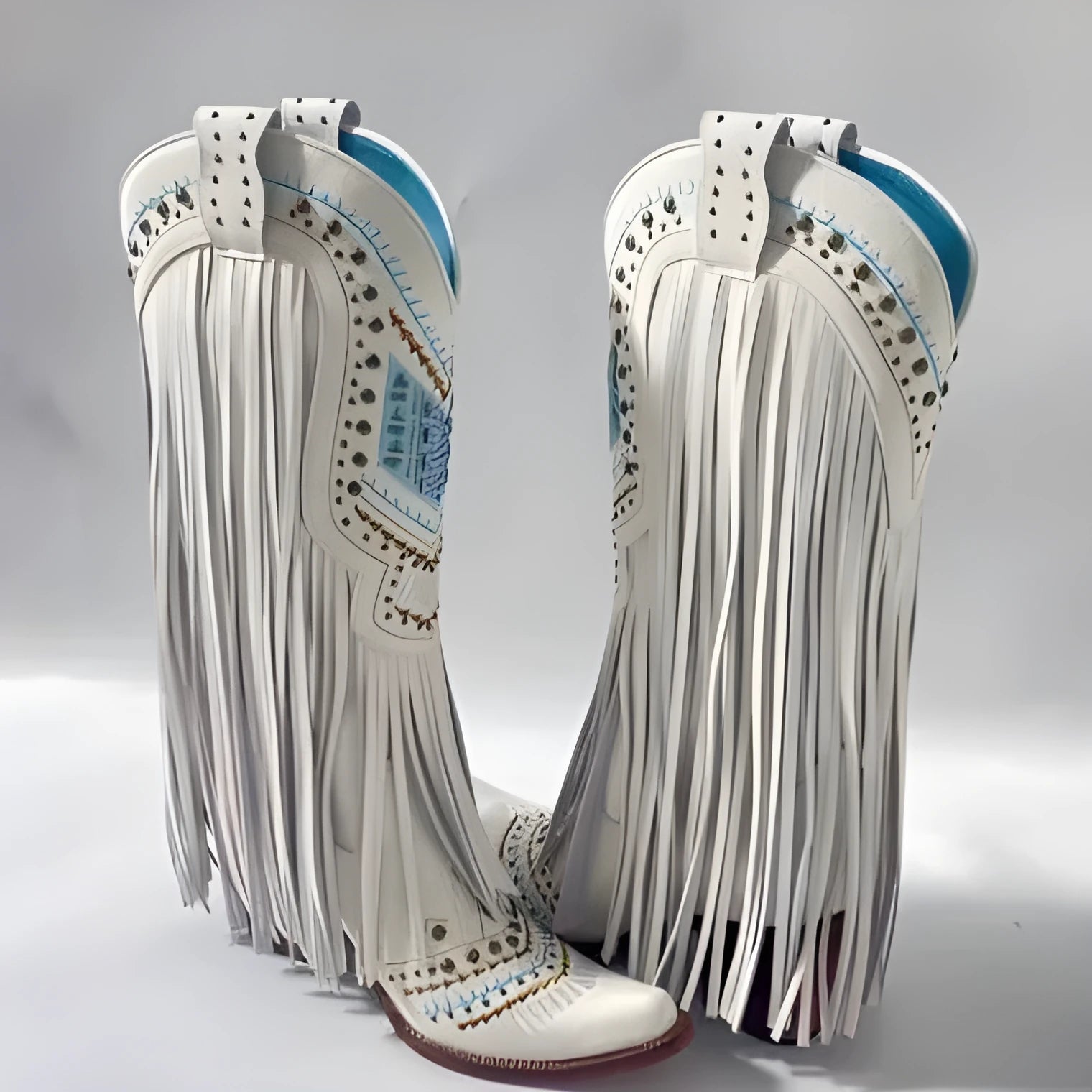 Retro embroidered rhinestone slip-on tassel boots for women, white, chunky heel
