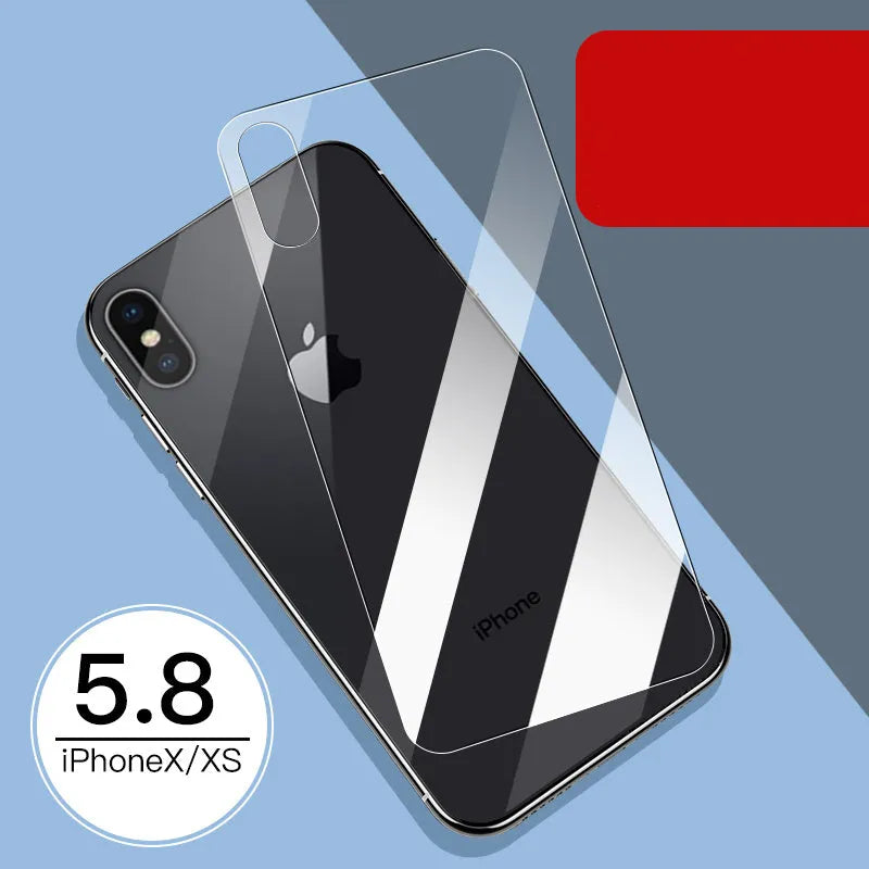 Tempered glass screen and rear protector film for Apple iPhone models on a table.