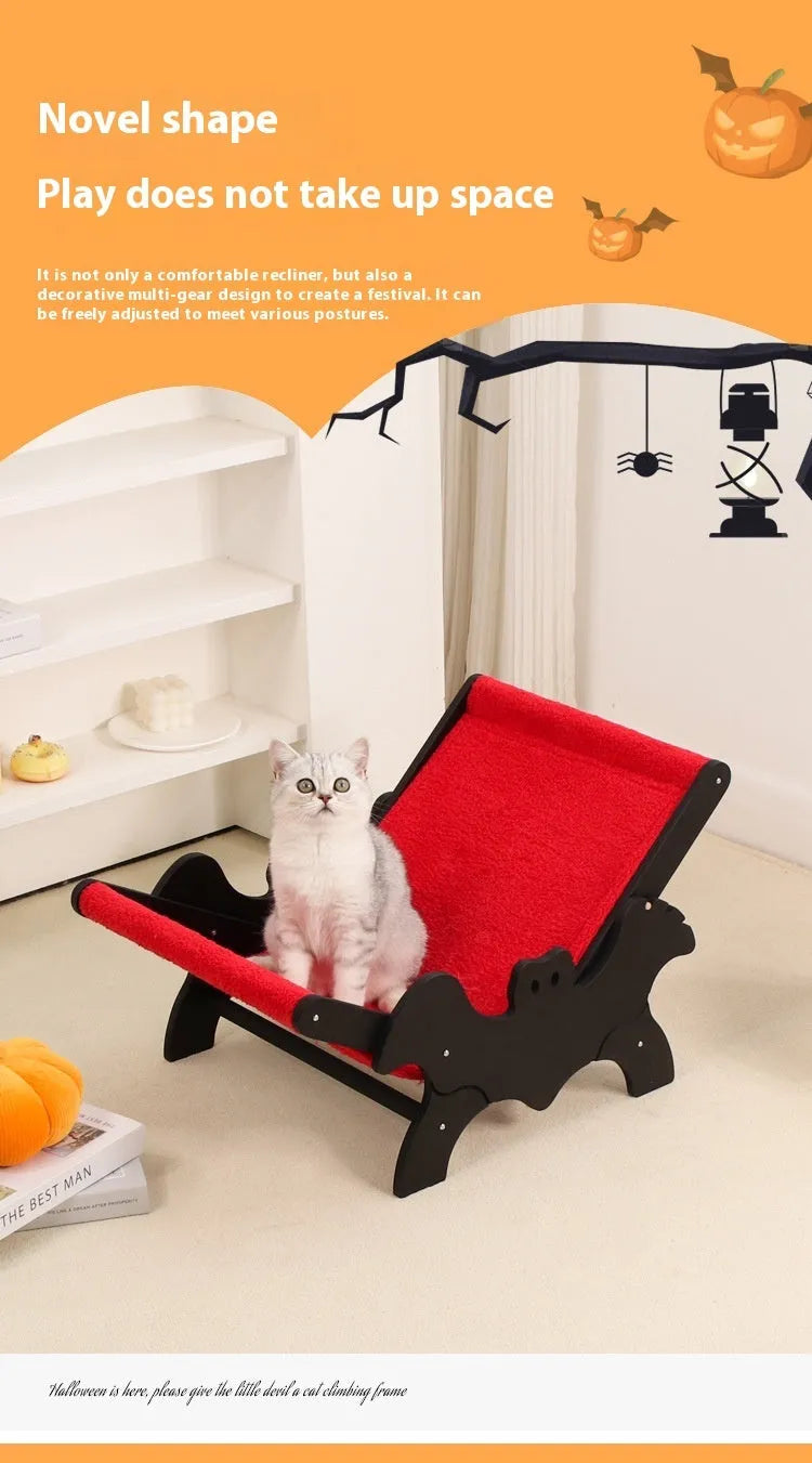 Black and red Halloween-themed wooden cat recliner bed with slatted frame.