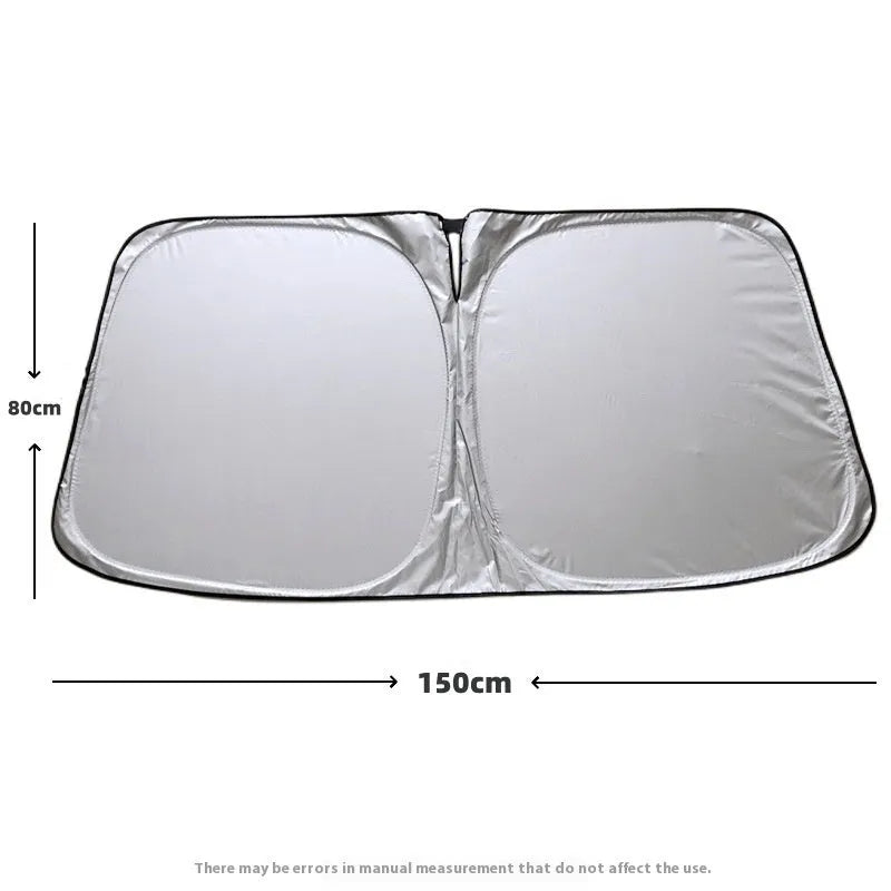 Aluminium foil car windscreen sunshade folded, showing reflective titanium silver surface and size options.