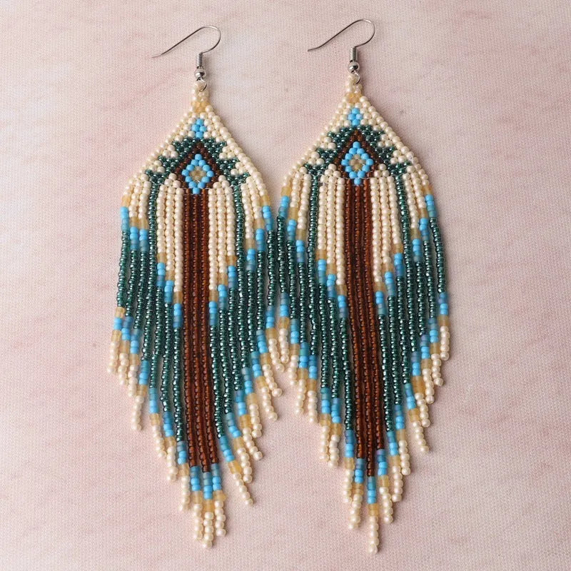 Hand-woven glass bead women's earrings in Bohemian geometric style with colourful glaze beads and alloy fittings