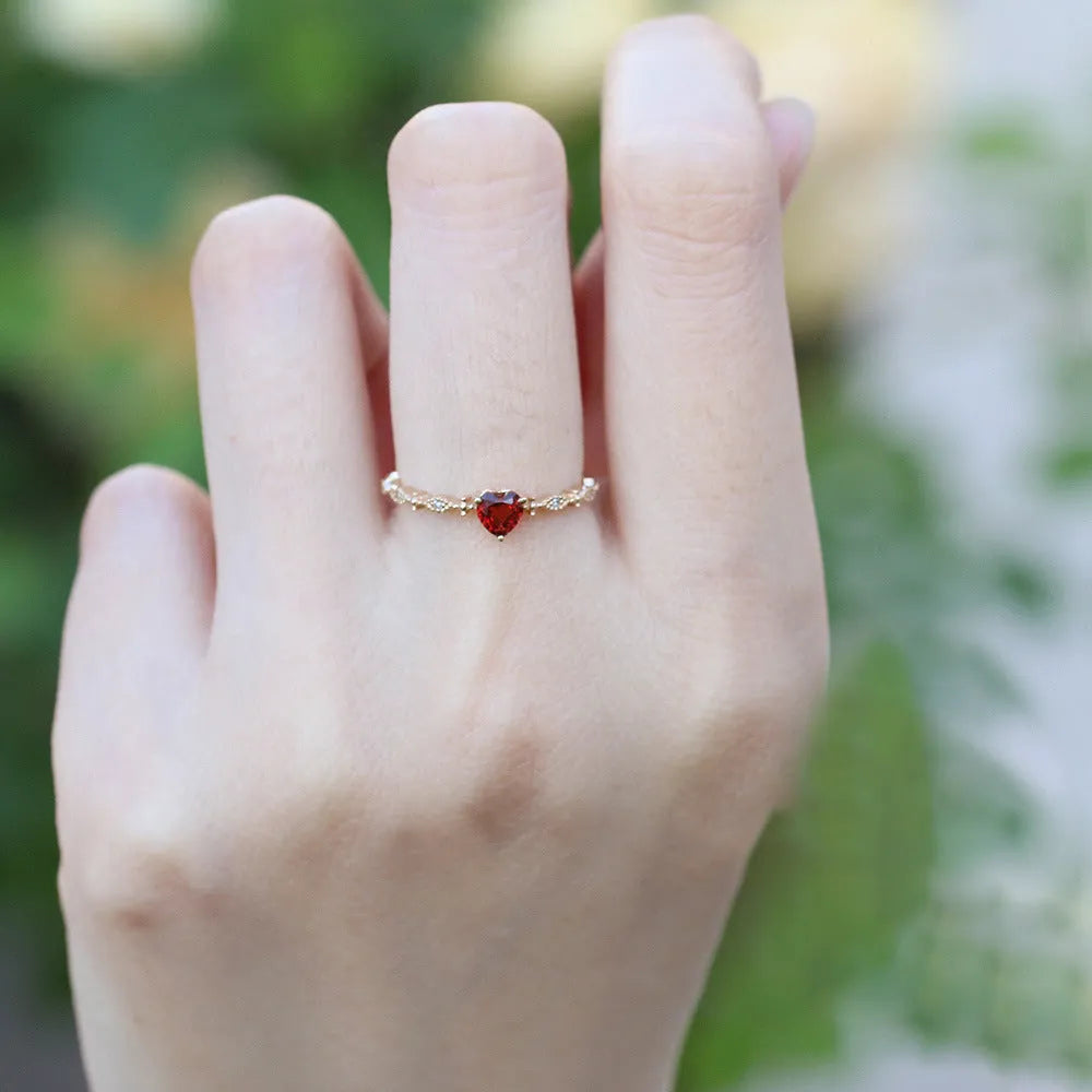 Red zirconium heart-shaped ring in yellow gold electroplated silver with adjustable open band