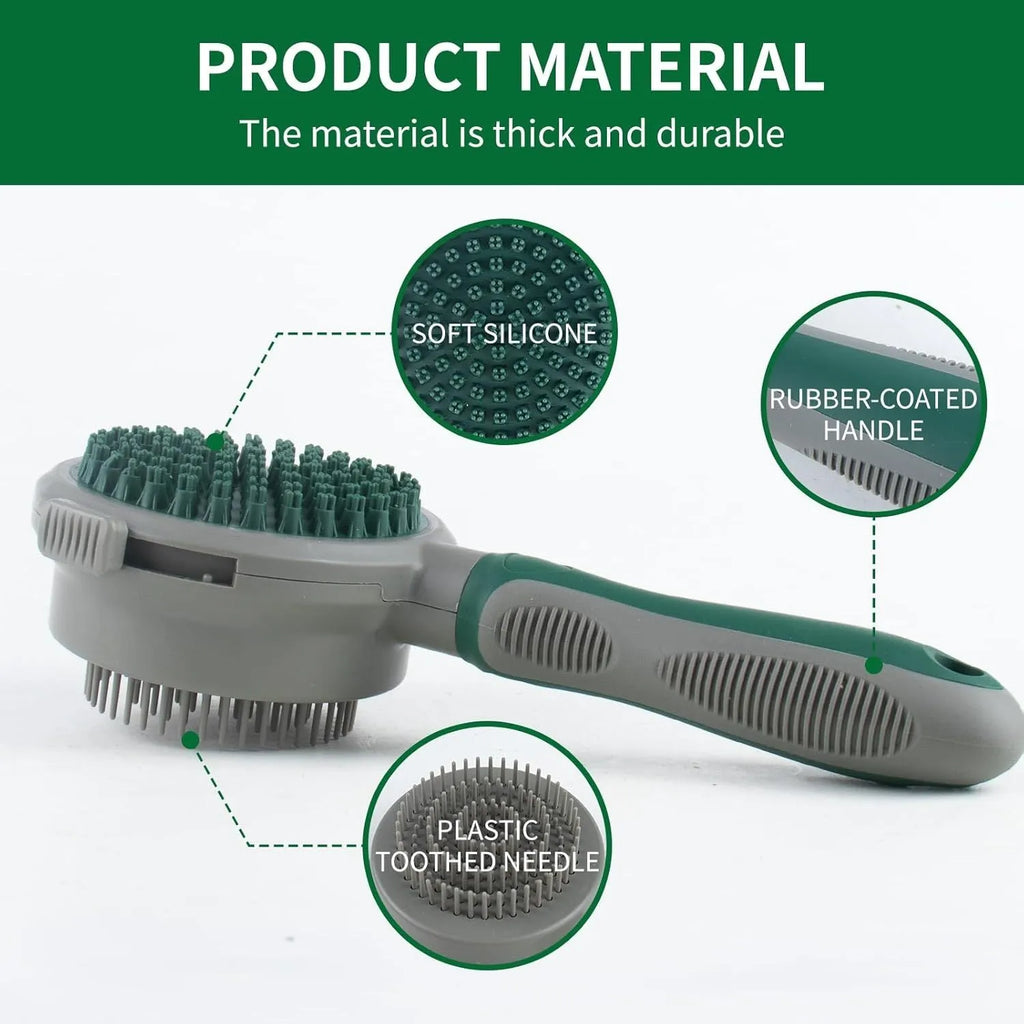 Green and pink two-sided silicone pet grooming brush with slicker brush and massage head on a white background