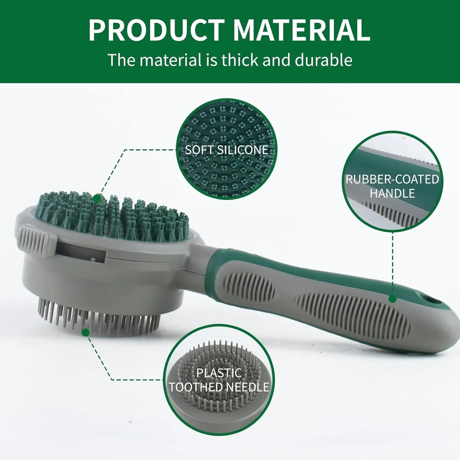 Green and pink two-sided silicone pet grooming brush with slicker brush and massage head on a white background