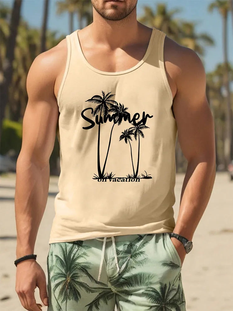 Men's 3D printed Hawaiian style sleeveless vest t-shirt in solid colour with polyester fabric