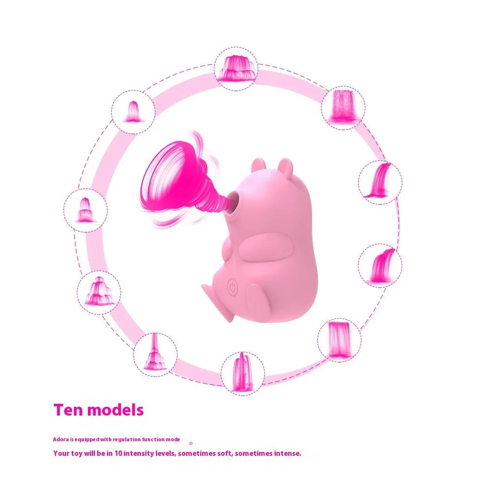 Cute bear-shaped silicone suction massage device in pink and yellow with magnetic charging cable