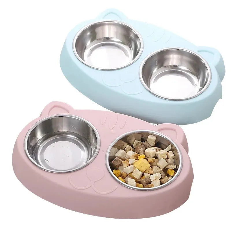 Blue plastic pet feeder tray with two bowls for cat or small dog food and water