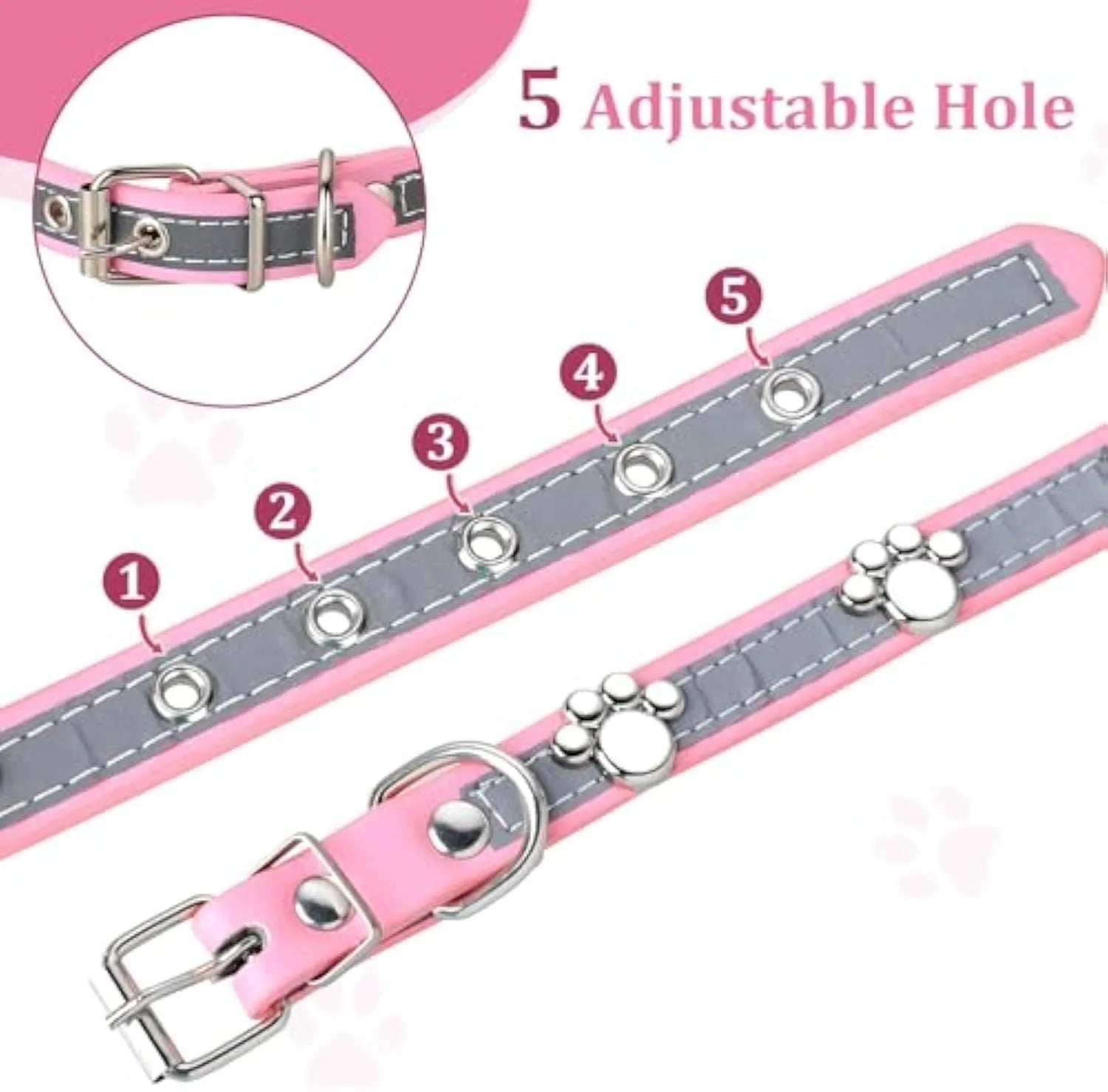 Reflective adjustable leather dog collar for small medium large dogs with cute paw rivet and metal buckle.