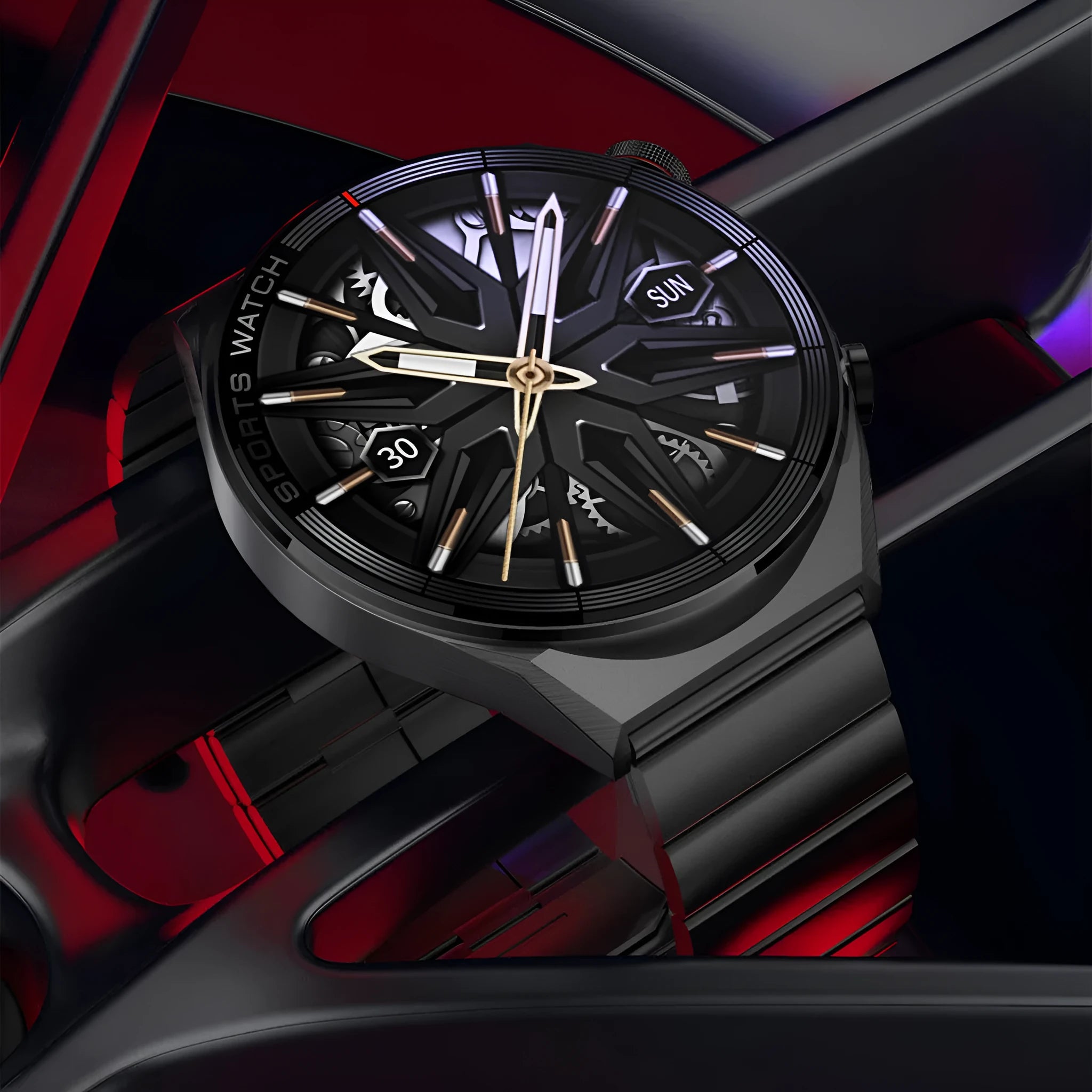 Black smart watch with 1.5-inch colour screen showing digital interface on leather strap